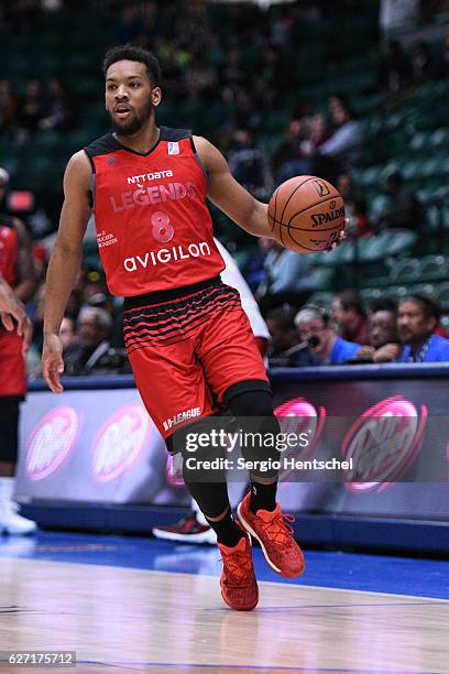 Bryson Fonville of the Texas Legends handles the ball against the Greensboro Swarm at The Dr Pepper Arena on December 01, 2016 in Frisco, Texas. NOTE...