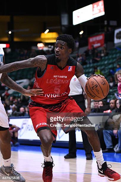 Manny Harris of the Texas Legends handles the ball against the Greensboro Swarm at The Dr Pepper Arena on December 01, 2016 in Frisco, Texas. NOTE TO...