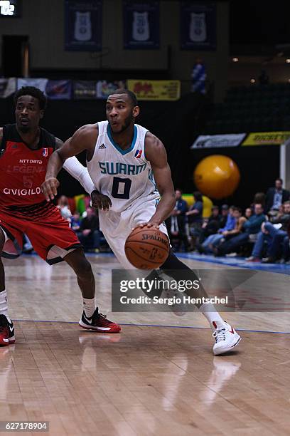 Rasheed Sulaimon of the Greensboro Swarm attacks the basket during game against the Texas Legends at The Dr Pepper Arena on December 01, 2016 in...