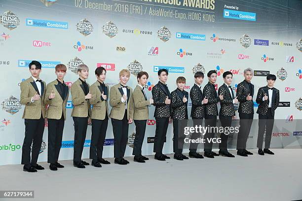 Seventeen arrives at the red carpet during the 2016 Mnet Asian Music Awards at AsiaWorld-Expo on December 2, 2016 in Hong Kong, Hong Kong.