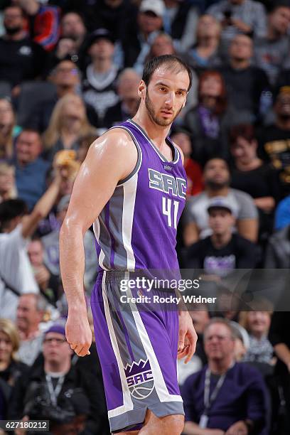 Kosta Koufos of the Sacramento Kings looks on during the game against the Oklahoma City Thunder on November 23, 2016 at Golden 1 Center in...