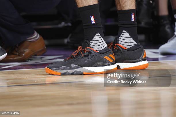 The shoes belonging to Alex Abrines of the Oklahoma City Thunder in a game against the Sacramento Kings on November 23, 2016 at Golden 1 Center in...