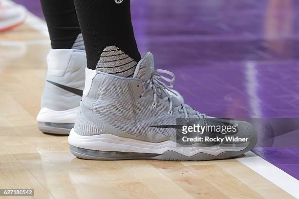 The shoes belonging to Enes Kanter of the Oklahoma City Thunder in a game against the Sacramento Kings on November 23, 2016 at Golden 1 Center in...