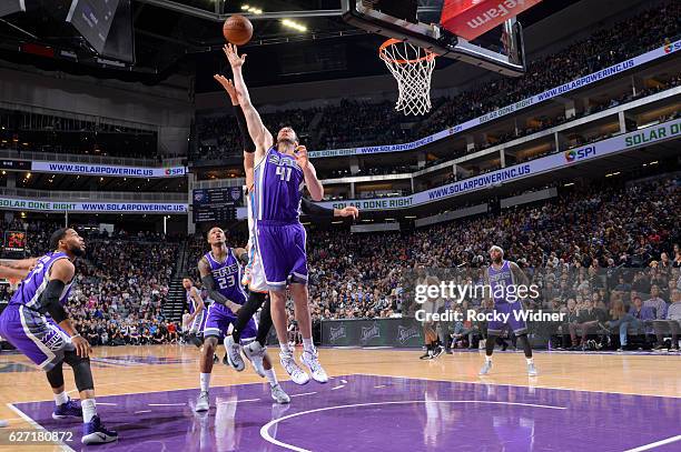 Kosta Koufos of the Sacramento Kings rebounds against the Oklahoma City Thunder on November 23, 2016 at Golden 1 Center in Sacramento, California....