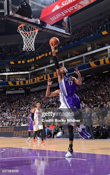 Garrett Temple of the Sacramento Kings shoots a layup against the Oklahoma City Thunder on November 23, 2016 at Golden 1 Center in Sacramento,...