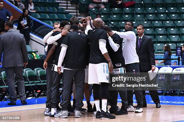 The Greensboro Swarm huddle before the game against the Texas Legends at The Dr Pepper Arena on December 1, 2016 in Frisco, Texas. NOTE TO USER: User...