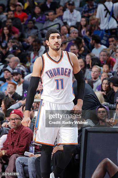 Enes Kanter of the Oklahoma City Thunder looks on during the game against the Sacramento Kings on November 23, 2016 at Golden 1 Center in Sacramento,...