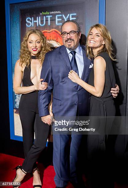 Actors Leah Gibson, David Zayas and Susan Misner arrive for the Premiere Of Hulu's "Shut Eye" at ArcLight Hollywood on December 1, 2016 in Hollywood,...