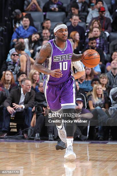 Ty Lawson of the Sacramento Kings brings the ball up the court against the Oklahoma City Thunder on November 23, 2016 at Golden 1 Center in...