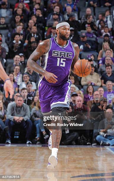 DeMarcus Cousins of the Sacramento Kings brings the ball up the court against the Oklahoma City Thunder on November 23, 2016 at Golden 1 Center in...