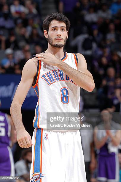 Alex Abrines of the Oklahoma City Thunder looks on during the game against the Sacramento Kings on November 23, 2016 at Golden 1 Center in...