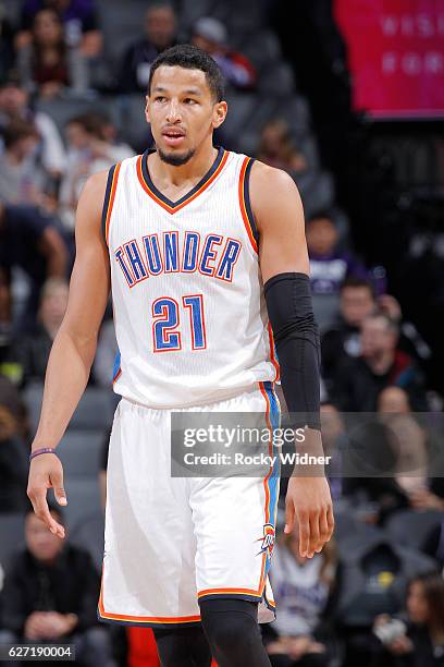 Andre Roberson of the Oklahoma City Thunder looks on during the game against the Sacramento Kings on November 23, 2016 at Golden 1 Center in...