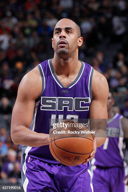 Arron Afflalo of the Sacramento Kings attempts a free throw shot against the Oklahoma City Thunder on November 23, 2016 at Golden 1 Center in...