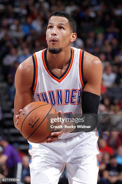 Andre Roberson of the Oklahoma City Thunder attempts a free throw shot against the Sacramento Kings on November 23, 2016 at Golden 1 Center in...