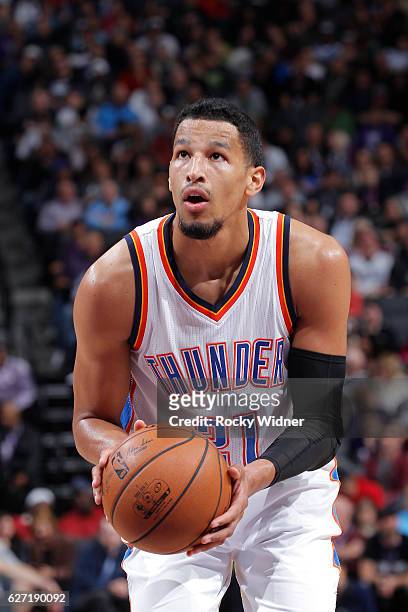 Andre Roberson of the Oklahoma City Thunder attempts a free throw shot against the Sacramento Kings on November 23, 2016 at Golden 1 Center in...