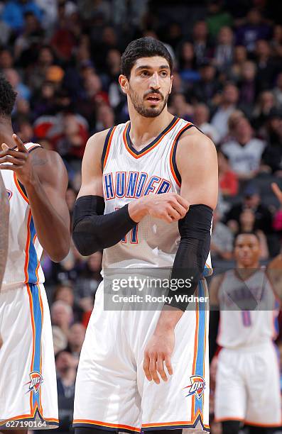 Enes Kanter of the Oklahoma City Thunder looks on during the game against the Sacramento Kings on November 23, 2016 at Golden 1 Center in Sacramento,...