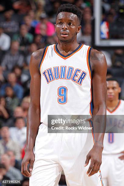 Jerami Grant of the Oklahoma City Thunder looks on during the game against the Sacramento Kings on November 23, 2016 at Golden 1 Center in...