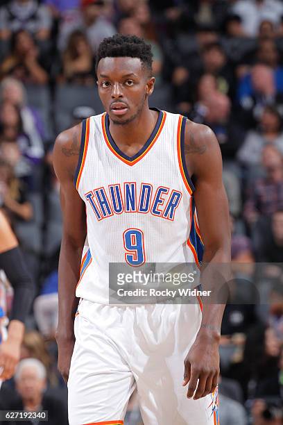 Jerami Grant of the Oklahoma City Thunder looks on during the game against the Sacramento Kings on November 23, 2016 at Golden 1 Center in...