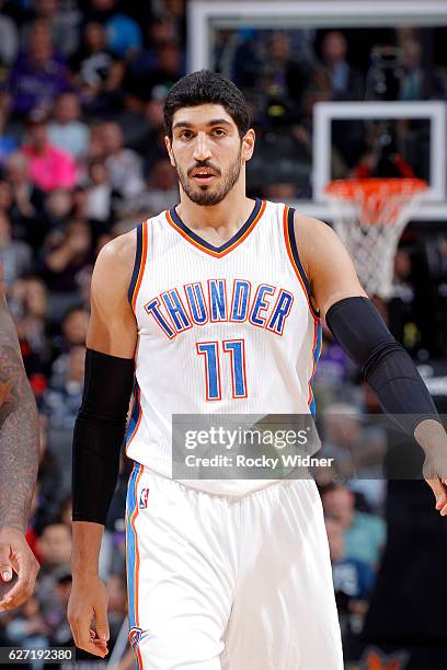 Enes Kanter of the Oklahoma City Thunder looks on during the game against the Sacramento Kings on November 23, 2016 at Golden 1 Center in Sacramento,...