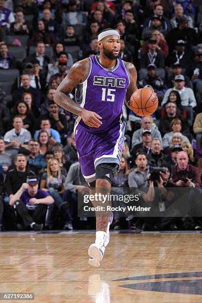 DeMarcus Cousins of the Sacramento Kings brings the ball up the court against the Oklahoma City Thunder on November 23, 2016 at Golden 1 Center in...