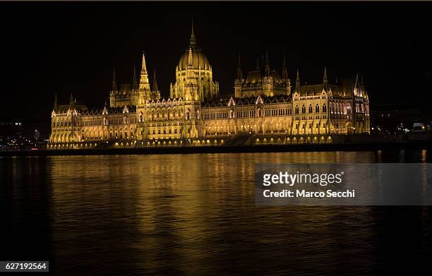 The lit House of Parliament is seen over the Danube from the Buda side on December 2, 2016 in Budapest, Hungary. The traditional Christmas market and...