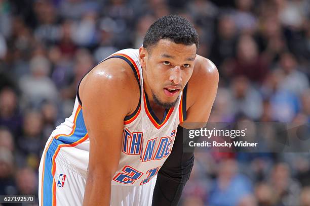 Andre Roberson of the Oklahoma City Thunder looks on during the game against the Sacramento Kings on November 23, 2016 at Golden 1 Center in...