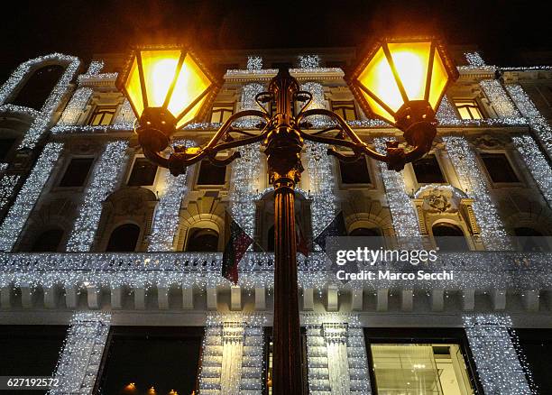 Christmas light are lit on a building in one of the main shopping streets in the City Centre on December 2, 2016 in Budapest, Hungary. The...