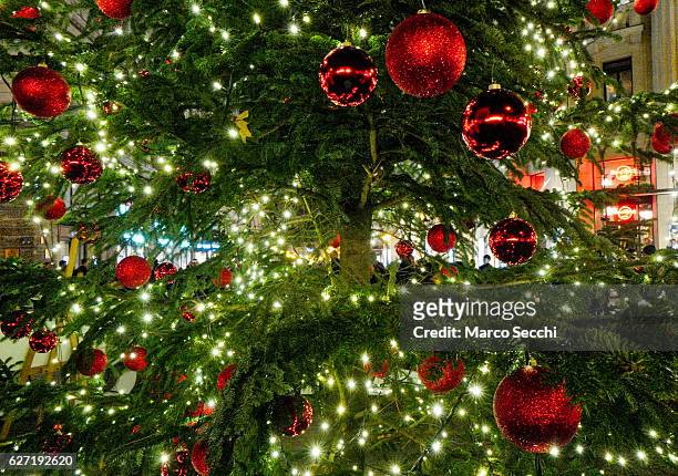Details of a Christmas tree are seen in one of the main shopping streets in the City Centre on December 2, 2016 in Budapest, Hungary. The traditional...