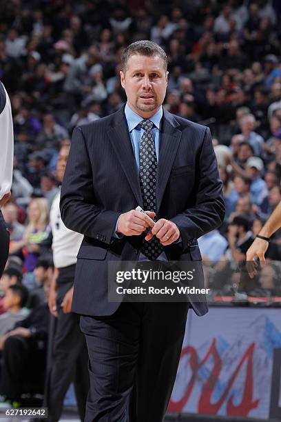 David Joerger of the Sacramento Kings coaches during the game against the Oklahoma City Thunder on November 23, 2016 at Golden 1 Center in...