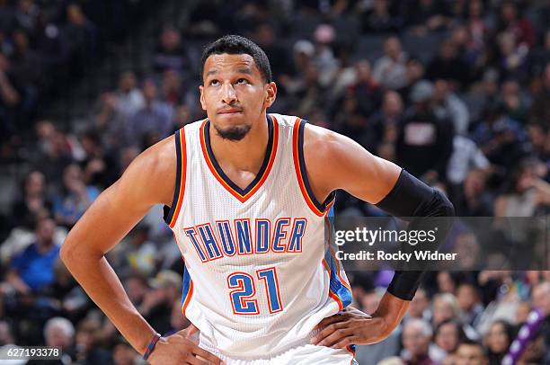 Andre Roberson of the Oklahoma City Thunder looks on during the game against the Sacramento Kings on November 23, 2016 at Golden 1 Center in...