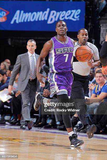 Darren Collison of the Sacramento Kings brings the ball up the court against the Oklahoma City Thunder on November 23, 2016 at Golden 1 Center in...