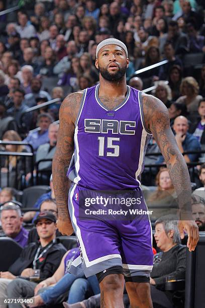 DeMarcus Cousins of the Sacramento Kings looks on during the game against the Oklahoma City Thunder on November 23, 2016 at Golden 1 Center in...