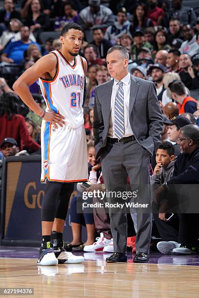 Head Coach Billy Donovan of the Oklahoma City Thunder coaches Andre Roberson against the Sacramento Kings on November 23, 2016 at Golden 1 Center in...