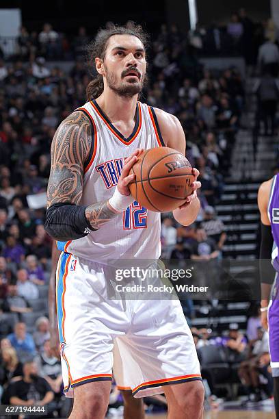 Steven Adams of the Oklahoma City Thunder attempts a free throw shot against the Sacramento Kings on November 23, 2016 at Golden 1 Center in...