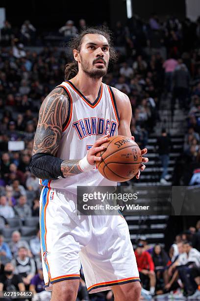 Steven Adams of the Oklahoma City Thunder attempts a free throw shot against the Sacramento Kings on November 23, 2016 at Golden 1 Center in...