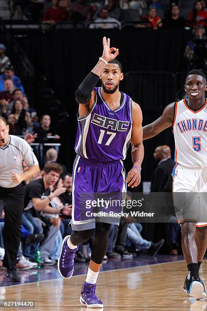 Garrett Temple of the Sacramento Kings celebrates after making a three pointer against the Oklahoma City Thunder on November 23, 2016 at Golden 1...