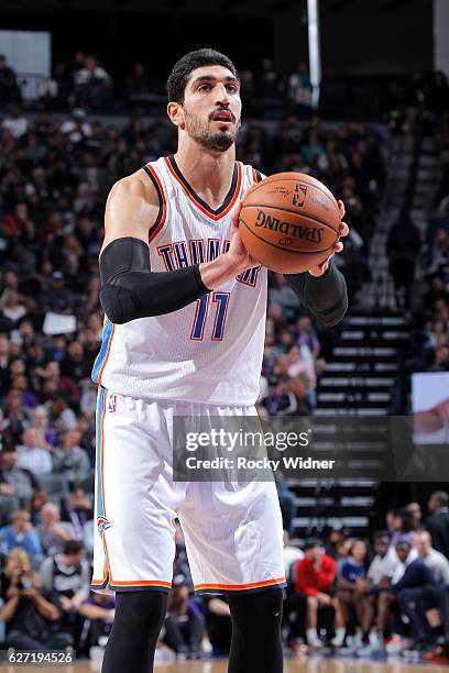 Enes Kanter of the Oklahoma City Thunder attempts a free throw shot against the Sacramento Kings on November 23, 2016 at Golden 1 Center in...