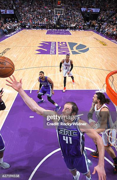 Kosta Koufos of the Sacramento Kings rebounds against the Oklahoma City Thunder on November 23, 2016 at Golden 1 Center in Sacramento, California....