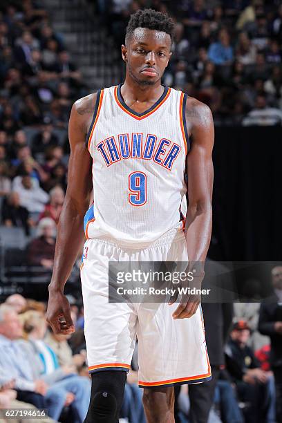 Jerami Grant of the Oklahoma City Thunder looks on during the game against the Sacramento Kings on November 23, 2016 at Golden 1 Center in...