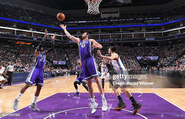 Kosta Koufos of the Sacramento Kings rebounds against the Oklahoma City Thunder on November 23, 2016 at Golden 1 Center in Sacramento, California....