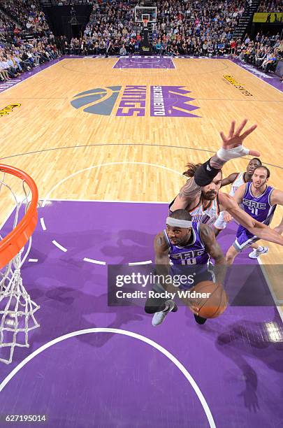 Ty Lawson of the Sacramento Kings goes up for the shot against Steven Adams of the Oklahoma City Thunder on November 23, 2016 at Golden 1 Center in...