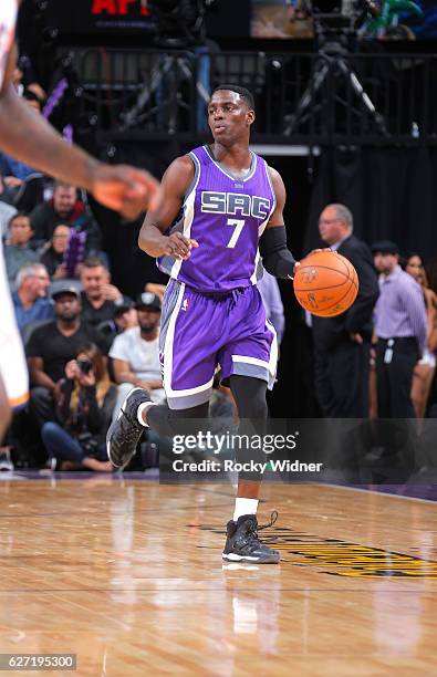 Darren Collison of the Sacramento Kings brings the ball up the court against the Oklahoma City Thunder on November 23, 2016 at Golden 1 Center in...