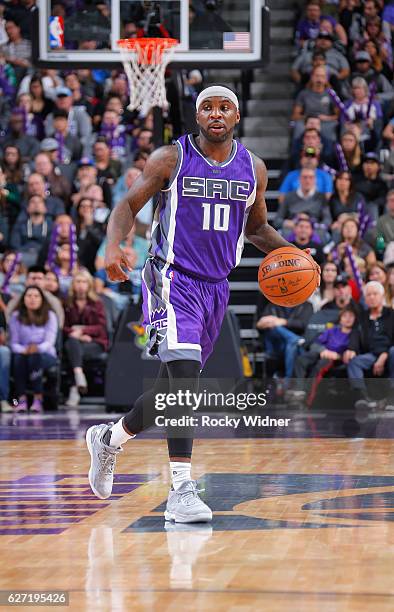 Ty Lawson of the Sacramento Kings brings the ball up the court against the Oklahoma City Thunder on November 23, 2016 at Golden 1 Center in...