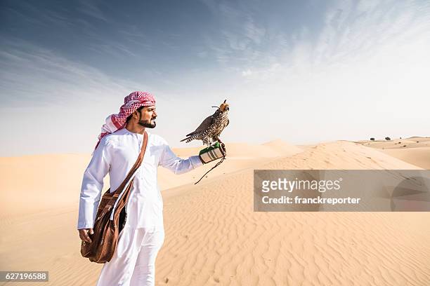 jeque árabe en el desierto sosteniendo un halcón - cetrería fotografías e imágenes de stock