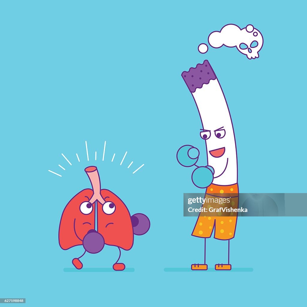 Pulmones Sanos Boxeo Con El Personaje De Dibujos Animados De Cigarrillo En  Li Plano Ilustración de stock - Getty Images