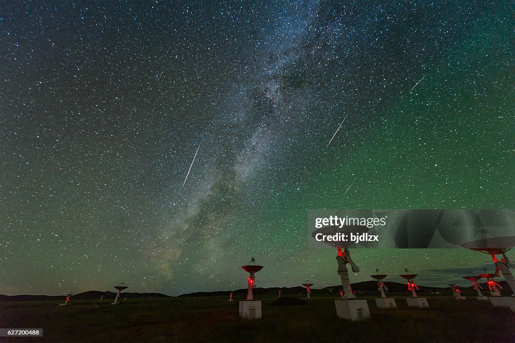 The Perseid meteor shower over the satellite receiving station