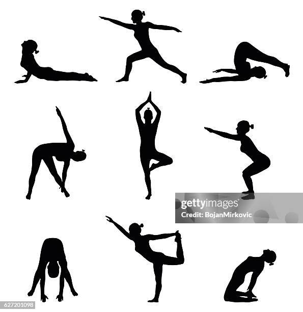 ilustrações, clipart, desenhos animados e ícones de silhuetas de alongamento feminino. yoga e pose de exercício - pilates