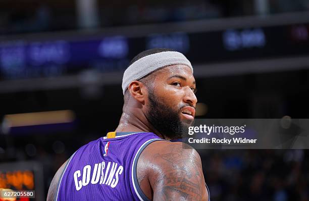 DeMarcus Cousins of the Sacramento Kings looks on during the game against the Oklahoma City Thunder on November 23, 2016 at Golden 1 Center in...