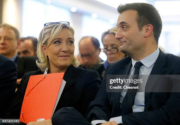 President of French far-right Front National party Marine Le Pen and FN's vice-president Florian Philippot attends a meeting on the theme "Ecology...