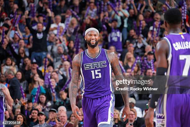 DeMarcus Cousins of the Sacramento Kings looks on during the game against the Oklahoma City Thunder on November 23, 2016 at Golden 1 Center in...